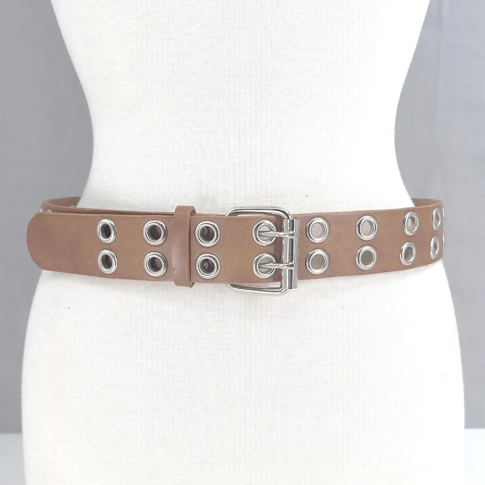 Womens Wide Double‎ Row Grommet Belt Brown Bonded Leather Silver Buckle L